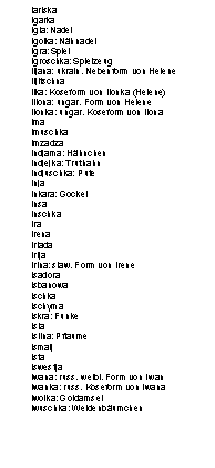 Textfeld: Iariska
Igarka
Igla: Nadel
Igolka: N�hnadel
Igra: Spiel
Igroschka: Spielzeug
Iljana: ukrain. Nebenform von Helene
Iljitschna
Ilka: Koseform von Ilonka (Helene)
Illona: ungar. Form von Helene
Ilonka: ungar. Koseform von Ilona
Ima
Imuschka
Imzadza
Indjama: H�hnchen
Indjejka: Truthahn
Indjuschka: Pute
Inja
Inkara: Gockel
Insa
Inschka
Ira
Irena
Iriada
Irija
Irina: slaw. Form von Irene
Isadora
Isbanowa
Ischka
Ischyma
Iskra: Funke
Isla
Islina: Pflaume
Ismaij
Ista
Iswestja
Iwana: russ. weibl. Form von Iwan
Iwanka: russ. Koseform von Iwana
Iwolka: Goldamsel
Iwuschka: Weidenb�umchen

