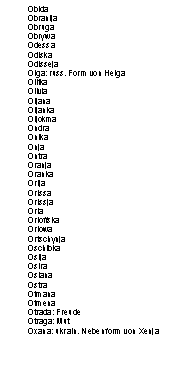 Textfeld: Obida
Obranija
Obruga
Obrywa
Odessa
Odiska
Odisseja
Olga: russ. Form von Helga
Olitka
Olivia
Oljana
Oljanka
Oljokma
Ondra
Onika
Onja
Ontra
Oranja
Oranka
Orija
Orissa
Orissja
Orla
Orloffska
Orlowa
Ortschynja
Oschibka
Osija
Osira
Oslana
Ostra
Otmana
Otmena
Otrada: Freude
Otraga: Mut
Oxana: ukrain. Nebenform von Xenja

